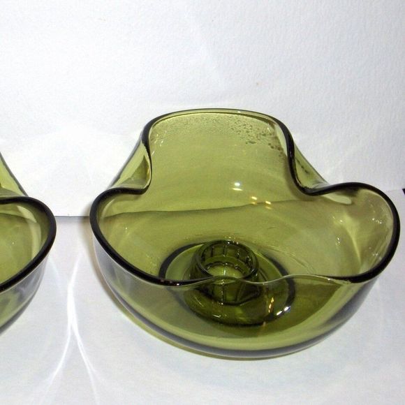 Anchor Hocking Avocado Green Candle Stick Holders Pair - Picture 2 of 4